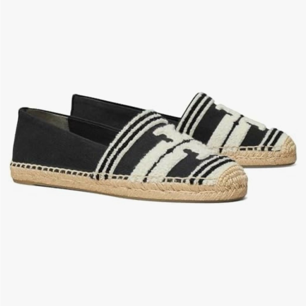 Tory Burch Black and Natural Stripe Espadrille Slip-Ons
